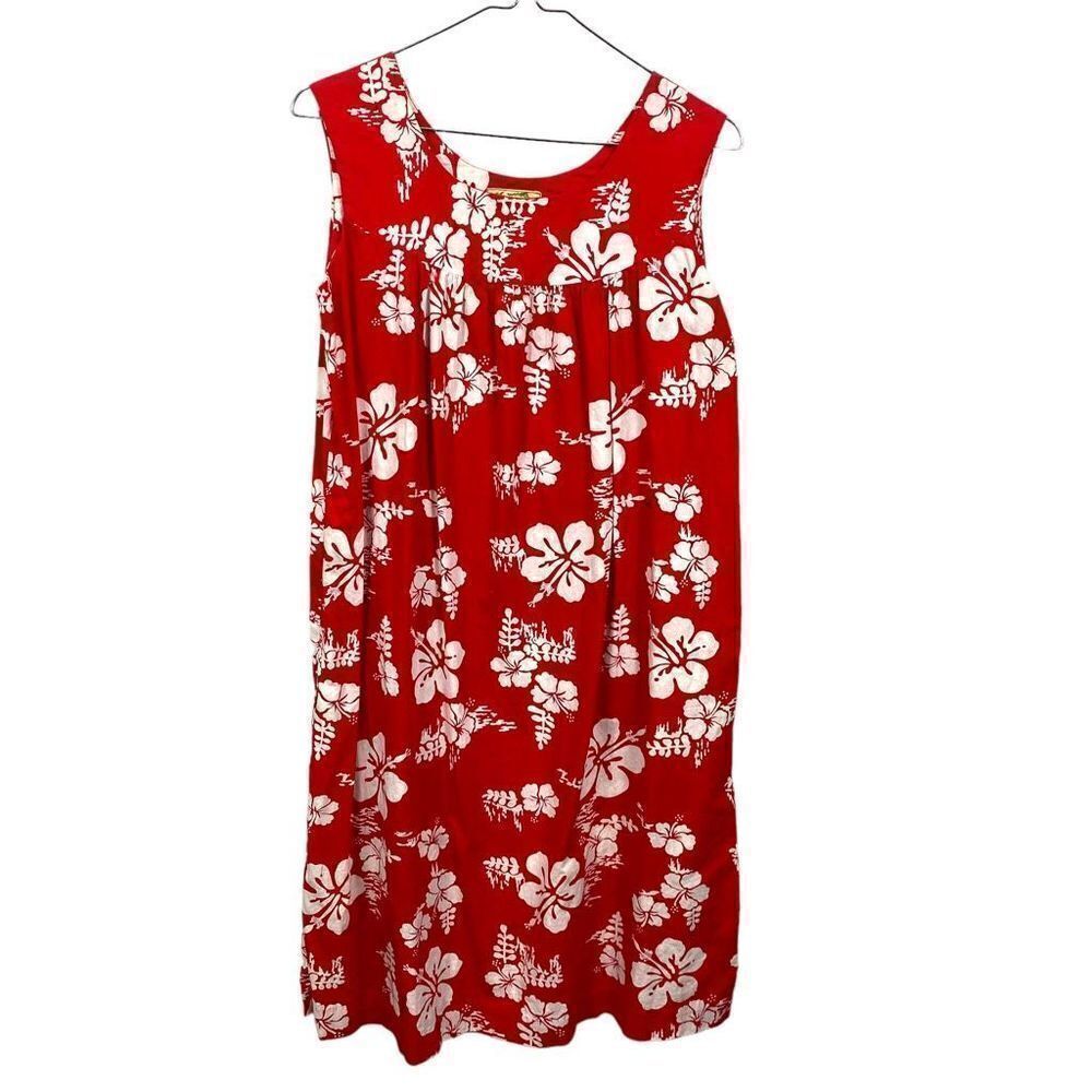Vintage Ui MaiKai Hawaiian Red hibiscus Floral Dress Hawaiian 100% cotton